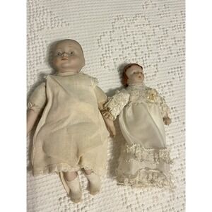Vintage Miniature Bisque Baby Dolls In Lace Dresses & Ribbons